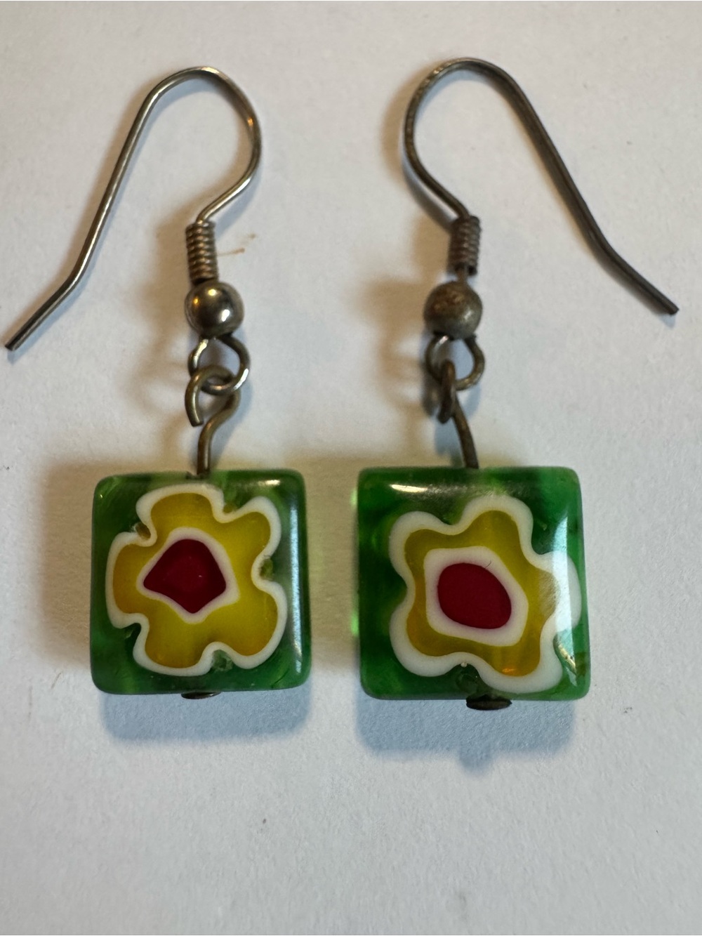 Vintage Millefiori Glass Square Dangle Earrings Retro Flower Murano Style